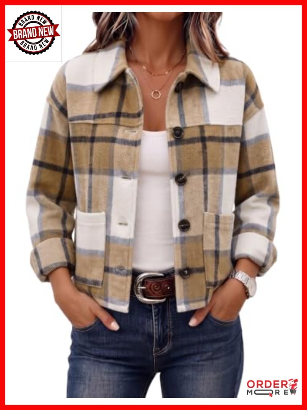 LOMON Women's Flannel Cropped Plaid Shacket Button Down Fall Jacket